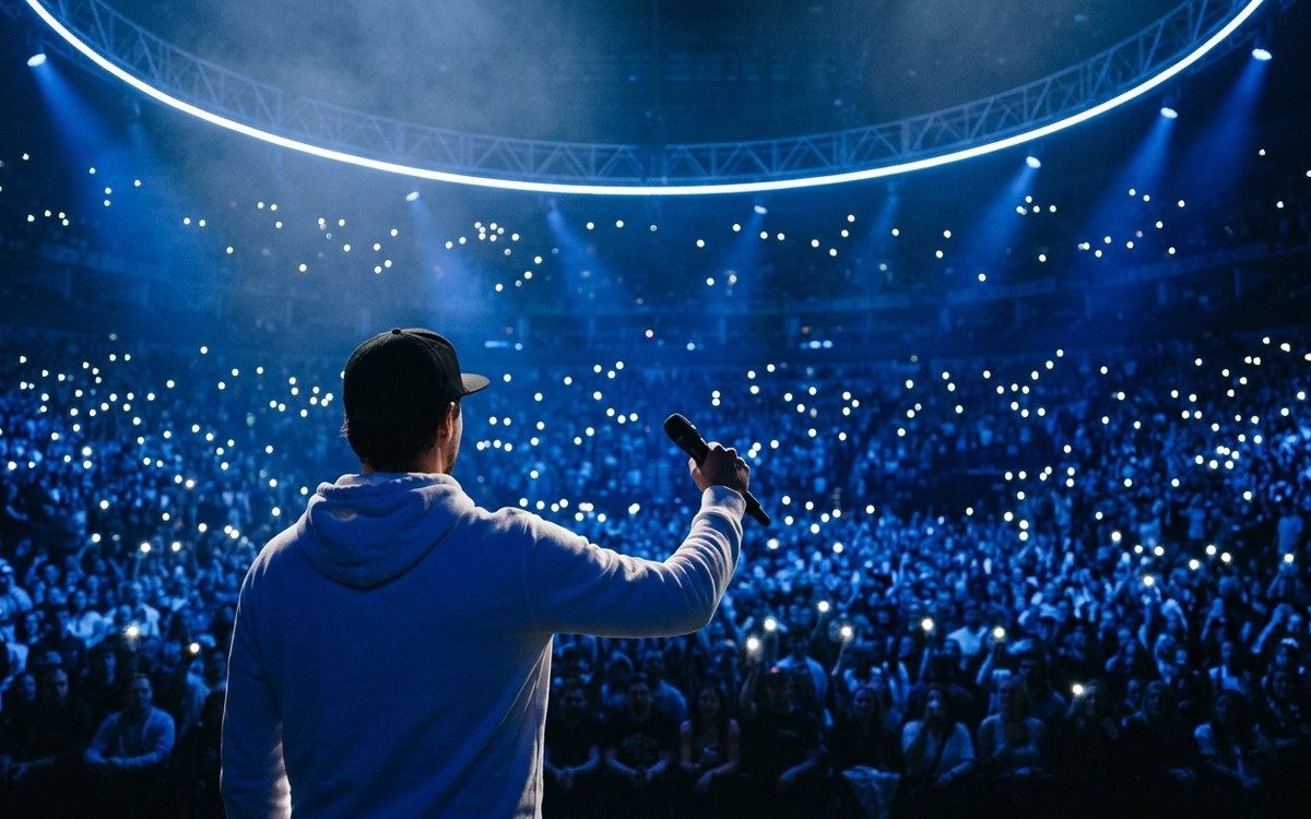 Kyle Raineri on stage in front of a full arena